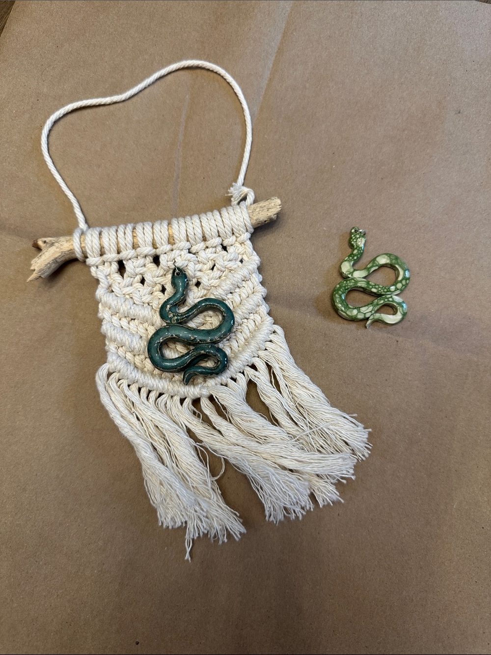 Macrame Wall Hanging with Green Ceramic Snake Accent / slytherin